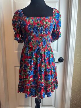 BOG Band of Gypsies  Blue Floral Smocked Mini Dress with Blue/Res Color Junior S
